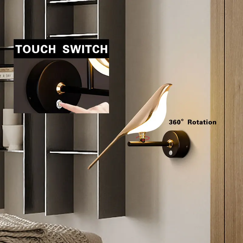 Gazza Bird Touch Switch lampade da parete a LED per divano sfondo comodino Indoor 360 ° girevole Indoor LED Wall Lighting applique da parete