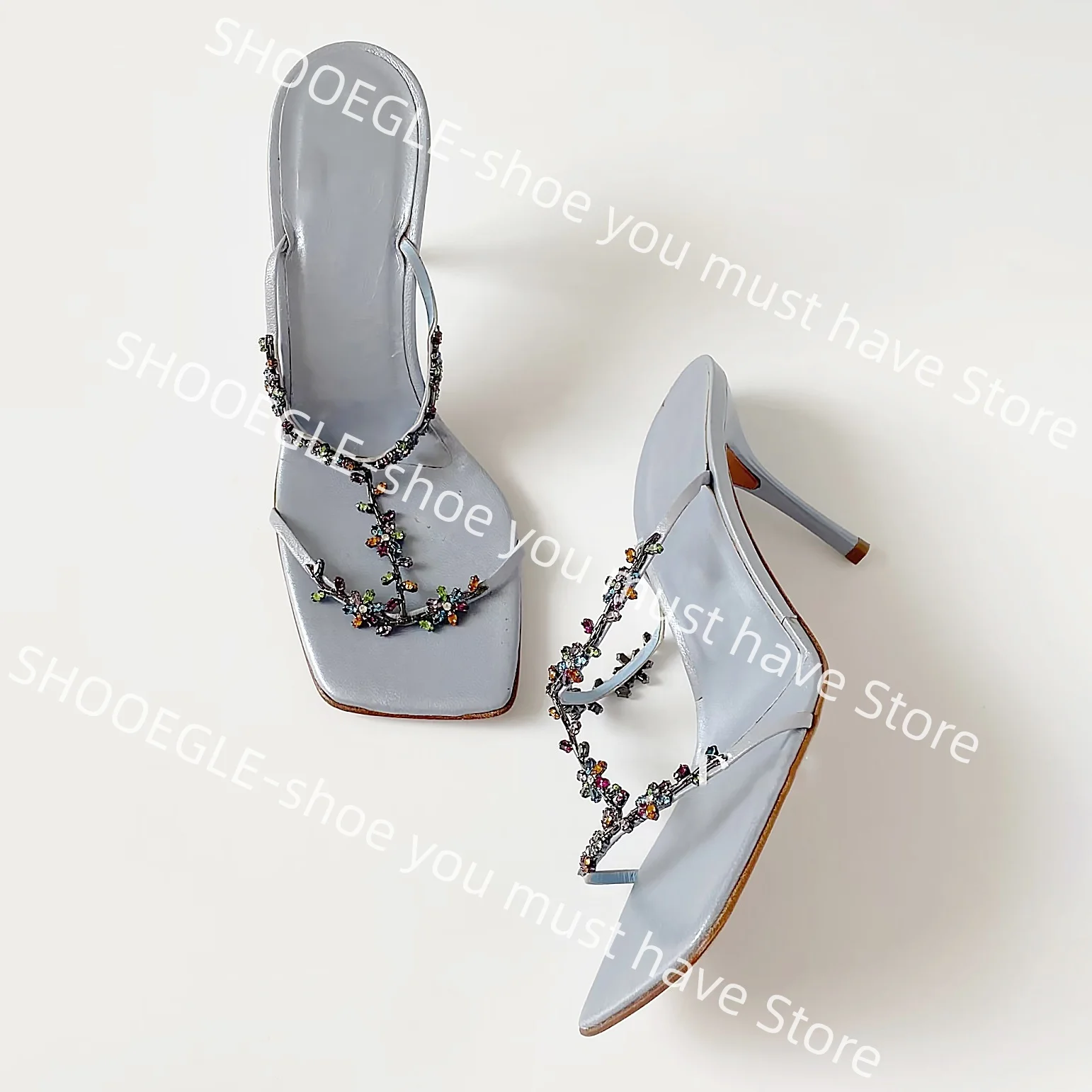 Women's Light Blue Satin Square-Toe Stiletto Heel Mules Multicolor Rhinestone Vine Detail Elegant Ladies Dress Weddings Slippers