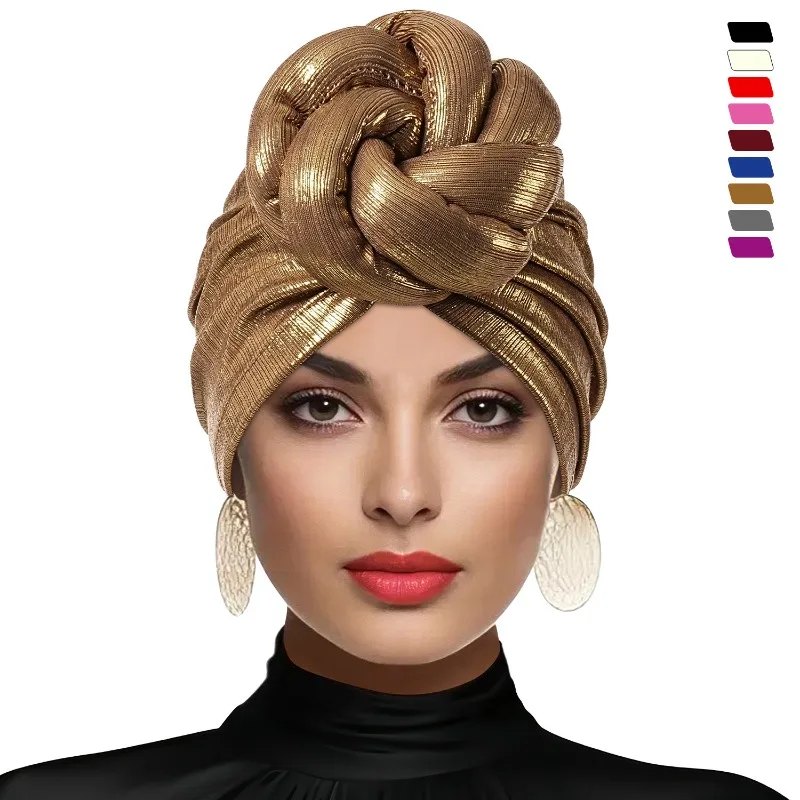 Glitter Fabric Knoted Turban Cap Women's Head Wraps African Auto Gele Headtie Nigeria Party Headwear Turbante Mujer
