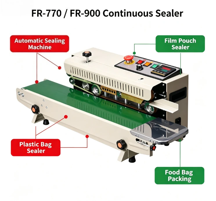 FR‑770 FR‑900 Automatic Continuous Band Sealer Plastic Film Pouch Sealing Machine for Food Bag Commercial Packaging Sealing Work