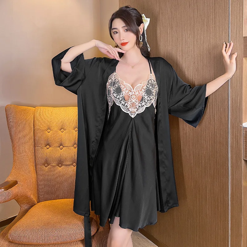 

Full Slip Lace Sexy Women Sleepwear 2PCS Kimono Robe Set Casual Home Dressing Gown Perspective Short Bathrobe Nightgown