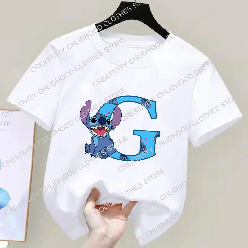 T-shirt Stitch Anime pour enfants, haut pour fille et garçon, vêtements décontractés, lettres A, B, C, D, nom BLOKawaii, dessins animés