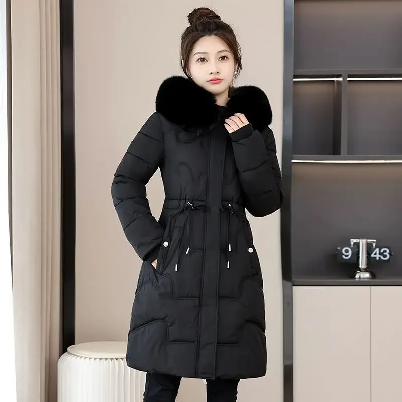 Autumn and Winter Down Jacket Women Large Hair Collar Hooded Thickened Medium-length Overcoat Loose Warm Women\'s Down Coat