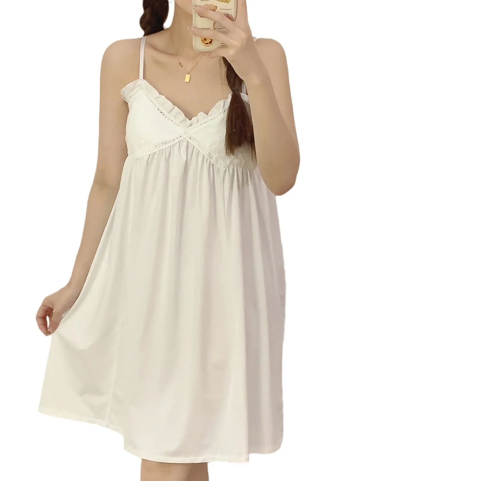 فستان نوم صيفي جديد من القطن الأبيض للنساء من Sweet Dreams جمالي بدون أكمام وسادة صدر ورقبة على شكل حرف V ثوب نوم