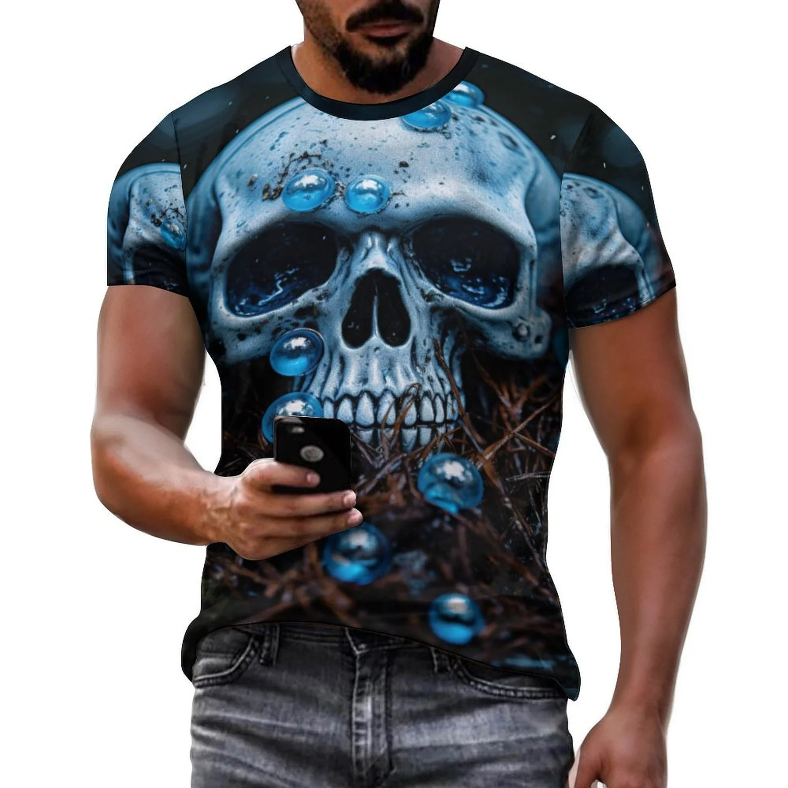 2024 New Men's 3D Graffiti Skull Pattern T-shirt, Casual Cool Micro Elastic Breathable T-shirt, Summer Outdoor Men's Wear