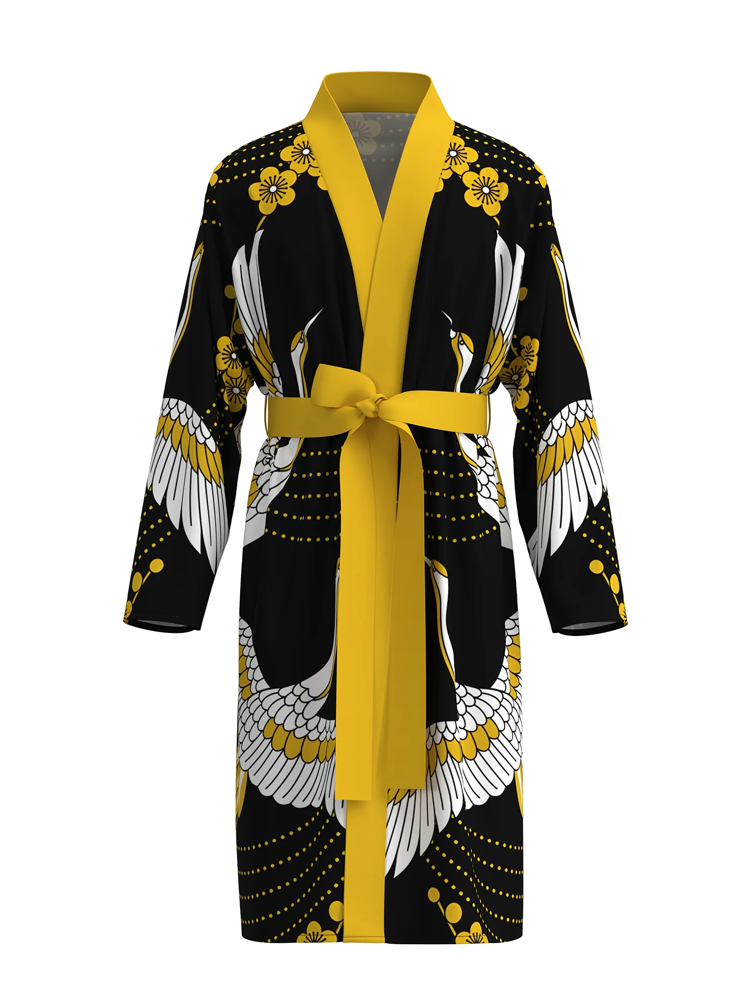 

3D digital printing black background white crane comfortable skin-friendly nightgown men's long-sleeved thin bathrobe home fun