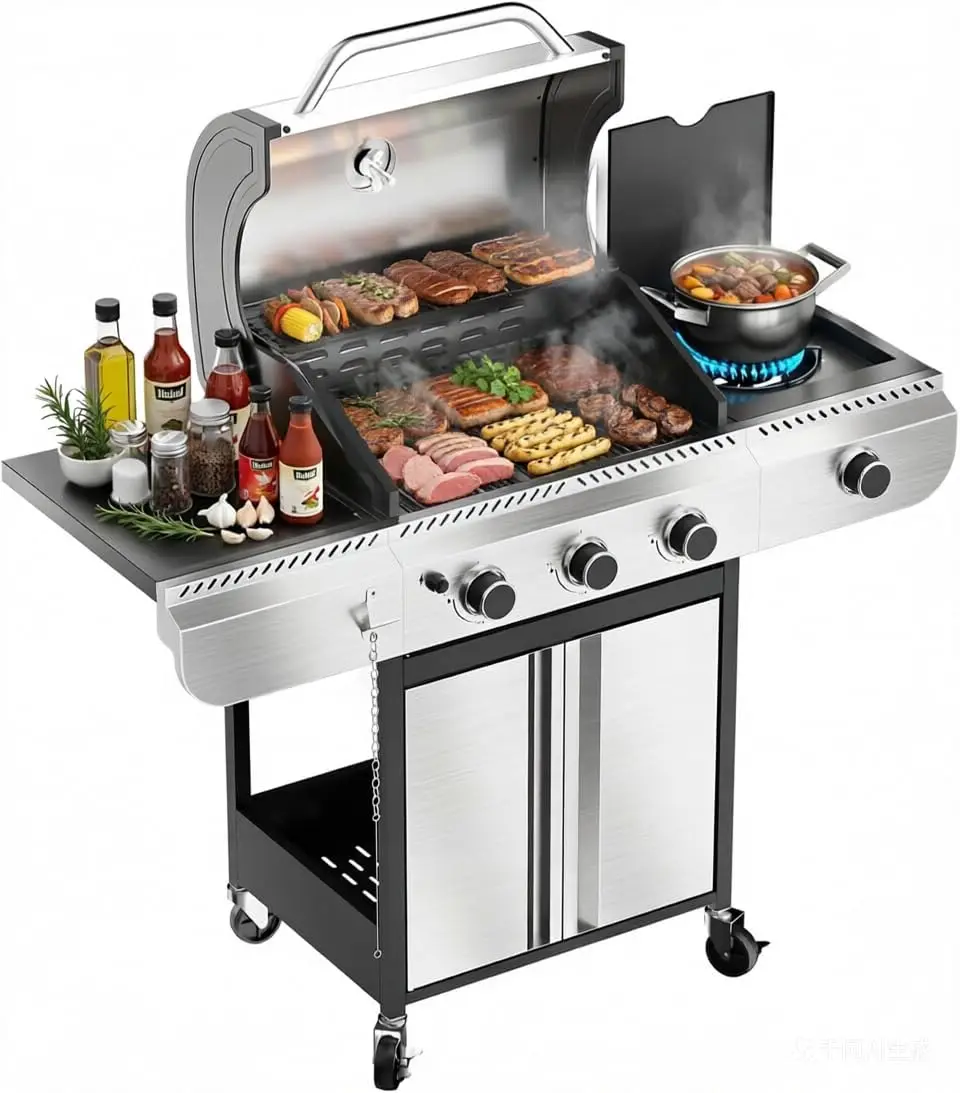 

3-Burner Propane Gas Grill with Side Burner, 34,000 BTU Stainless Steel BBQ Grill - Heavy-Duty Porcelain-Enameled Grates