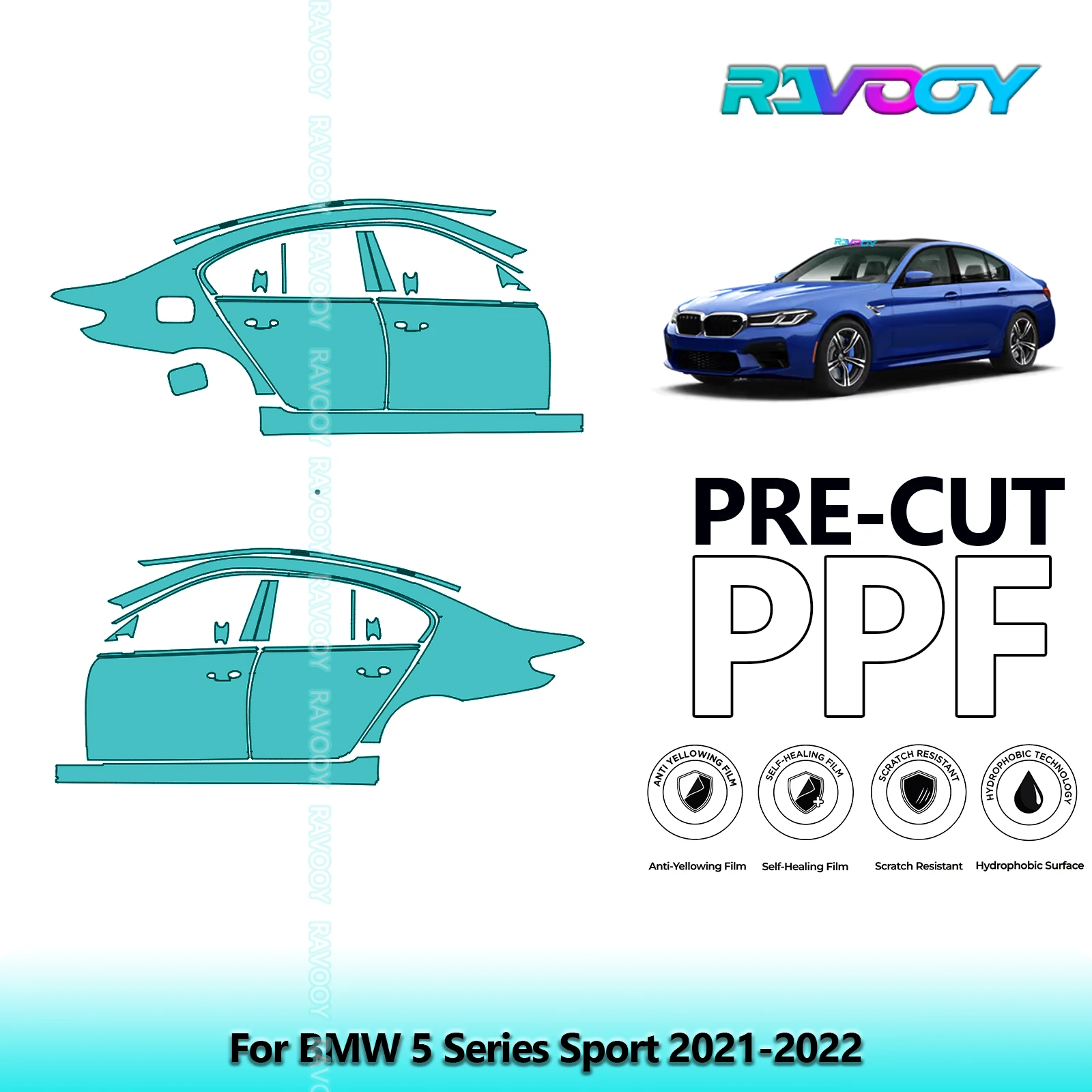 

For BMW 5 Series Sport 2021-2022 8.5mil Clear Matte Pre-Cut PPF Door & A/B Pillar Kit TPU Paint Protection Film Set
