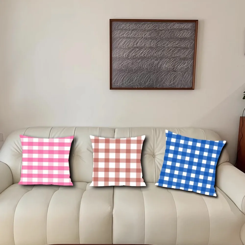 Luxury Pastel Gingham Pillow Case Living Room Accent Couch Back Support Square Lounge Restful Nap Companion ﻿