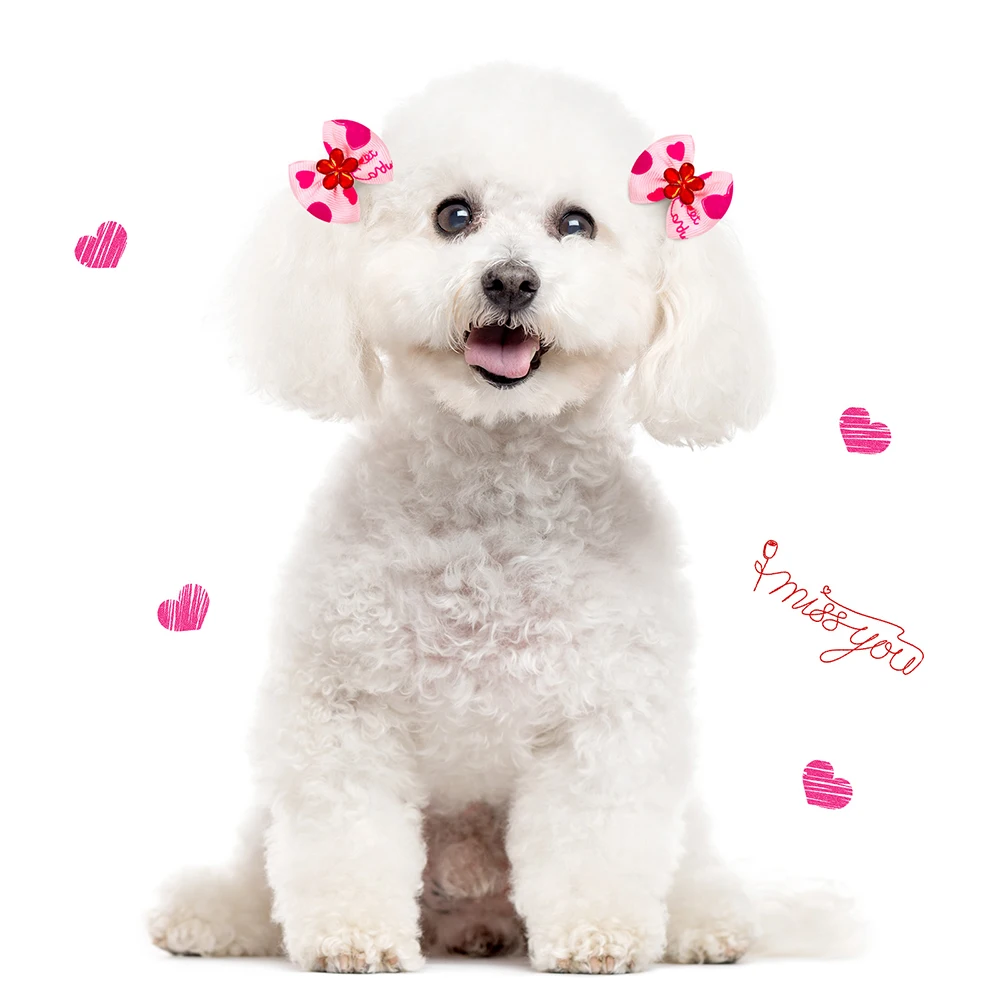 20pcs Pink Dog Bows Valentine\'s Day Hair Bows For Small Dogs Cute Cat Dog Bows Headwear Rubber Bands Pet Accessories