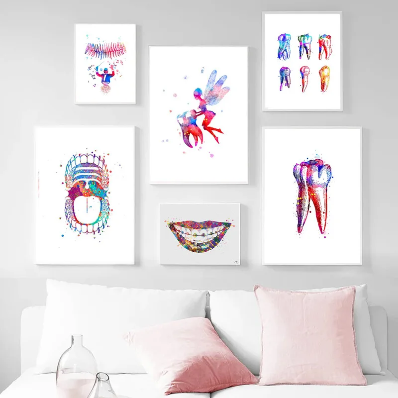 Watercolor Dental Anatomy Tooth Fairy Art Mural Medicine Dental Clinic Dental Hygienist Decoration