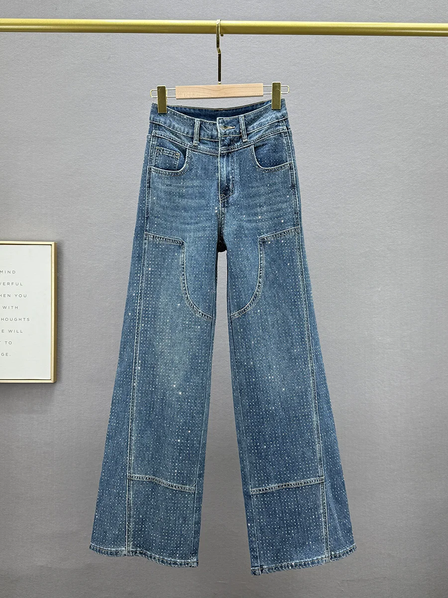 

Новые весенние женские джинсы с высокой талией, широкими штанинами, свободного кроя, удлиненные, с эффектом похудения, с декоративной отделкой, из плотного денима, синие, повседневные брюки