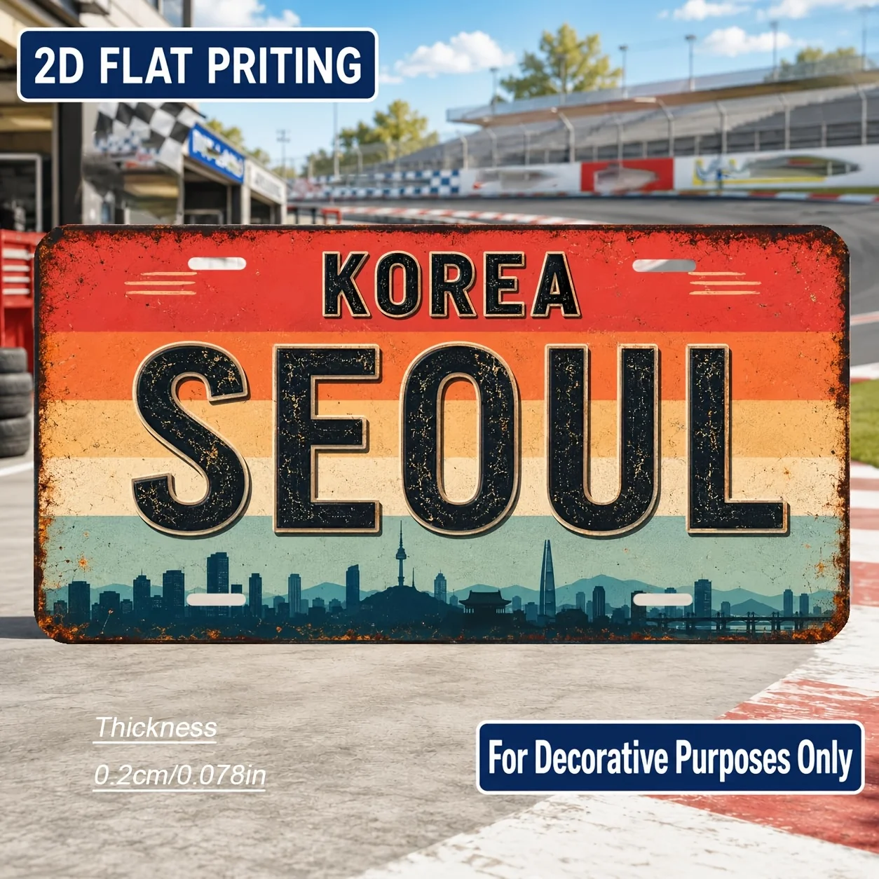 2D Flat Seoul Themed Retro Aluminum Sign, Industrial Wall Decor for Bar Living Room
