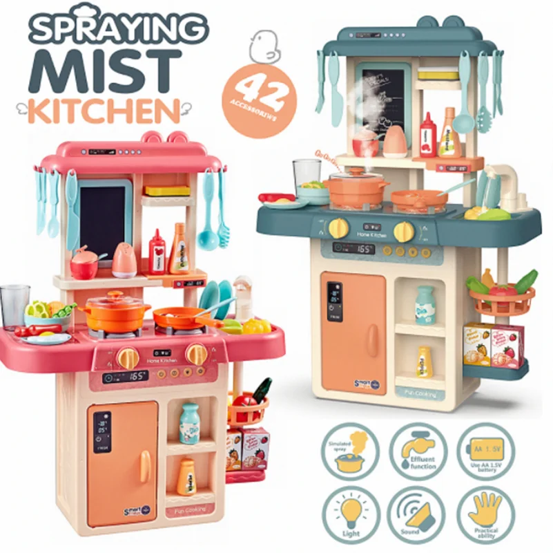 Simulation Kitchen Toys cocina infantil sound and light water spray Dinnerware set cooking table play house plastic food toy