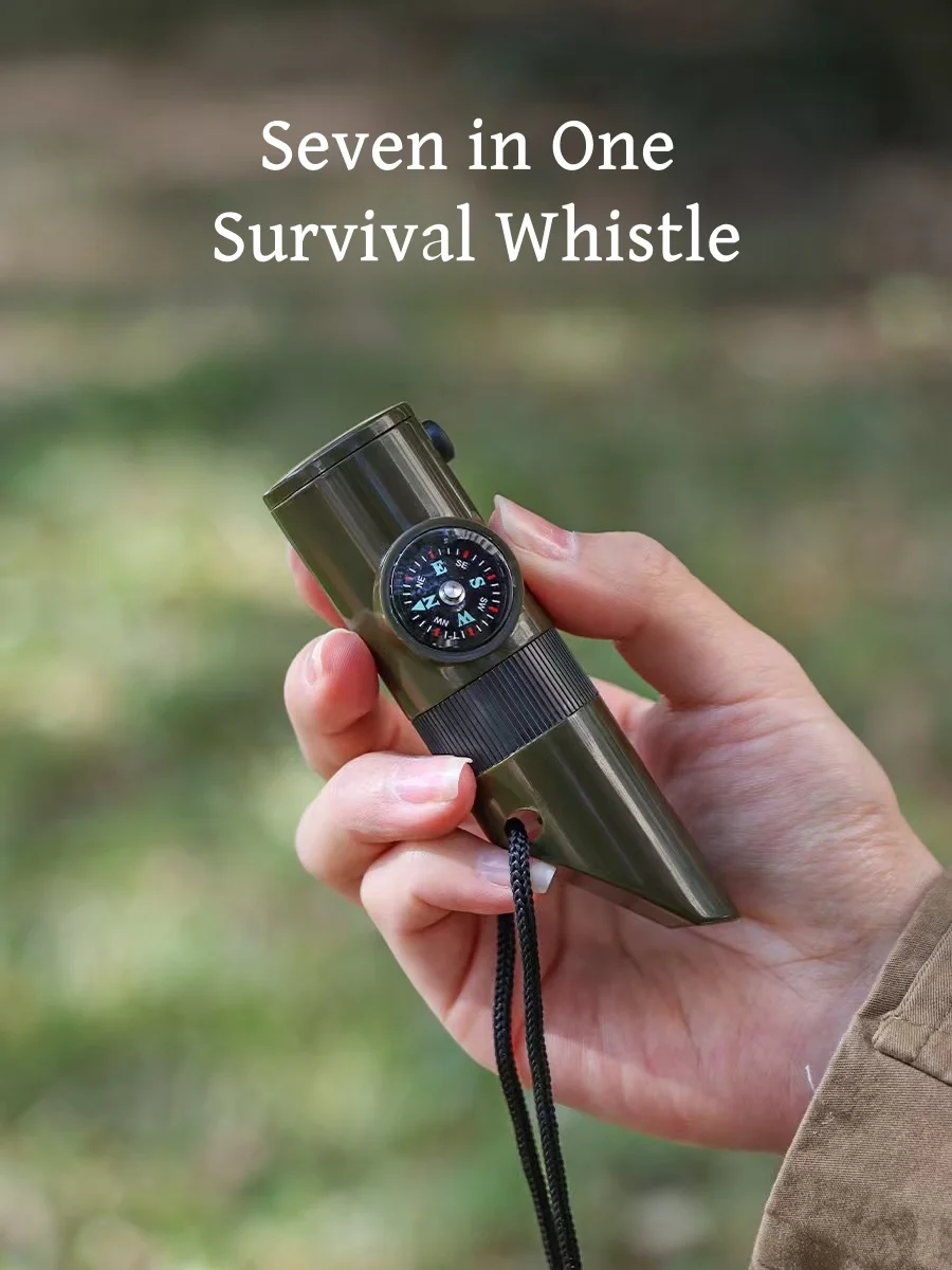 NEW 7 in 1 Survival Whistle Hiking Whistle Compass Mirror Flashlight Magnifier LED Light Thermometer Storage Compass Tool