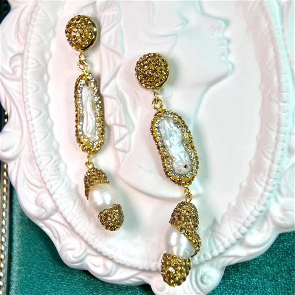 

Vintage Long Baroque Stock Freshwater Pearl Dangle Earrings 18K Gold Color Plating Clay Rhinestone Crystal Jewelry for Women