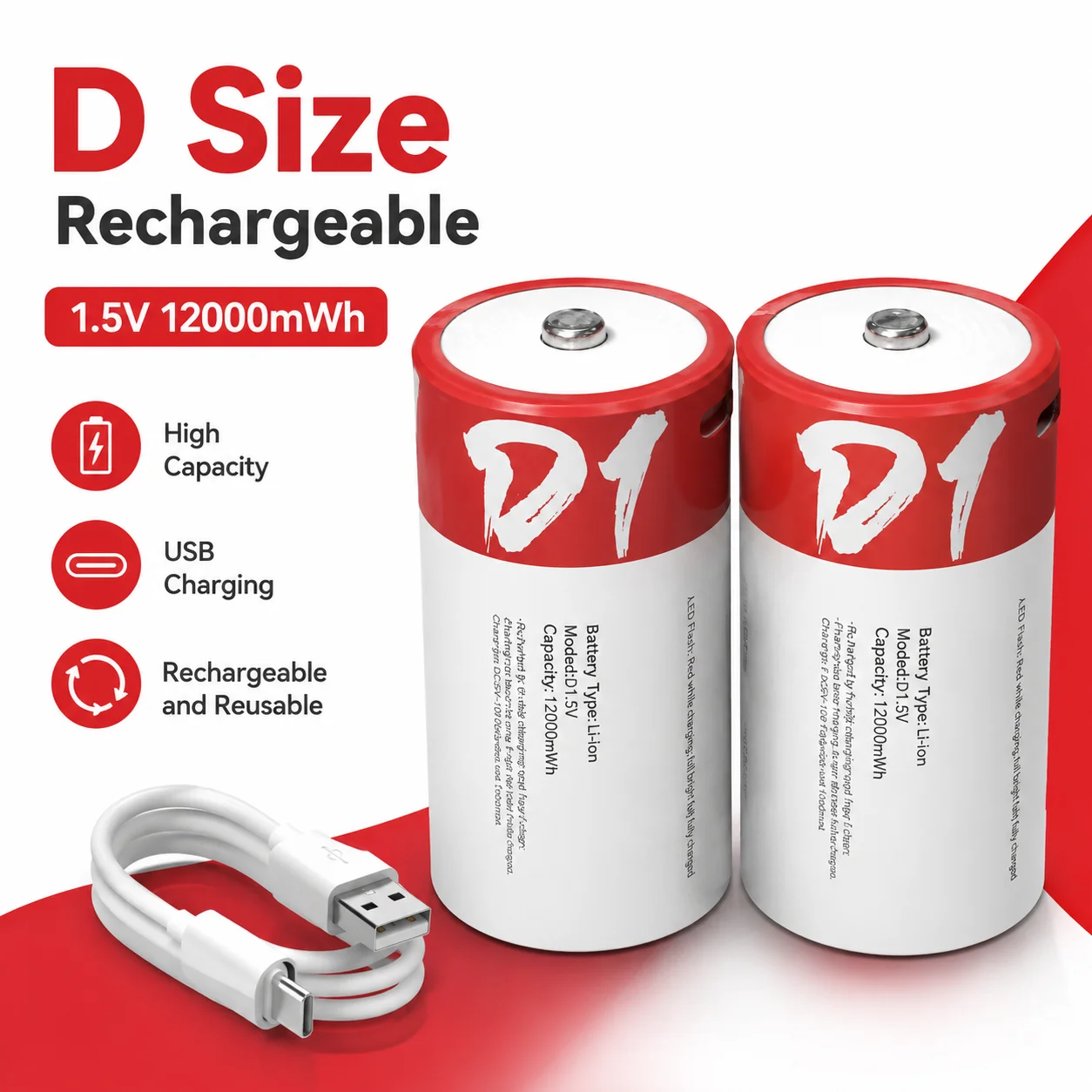 D-sized 1.5V 12000mWh Lithium Battery USB Rechargeable Large Capacity Battery for Flashlight Water Heater with Free Cable