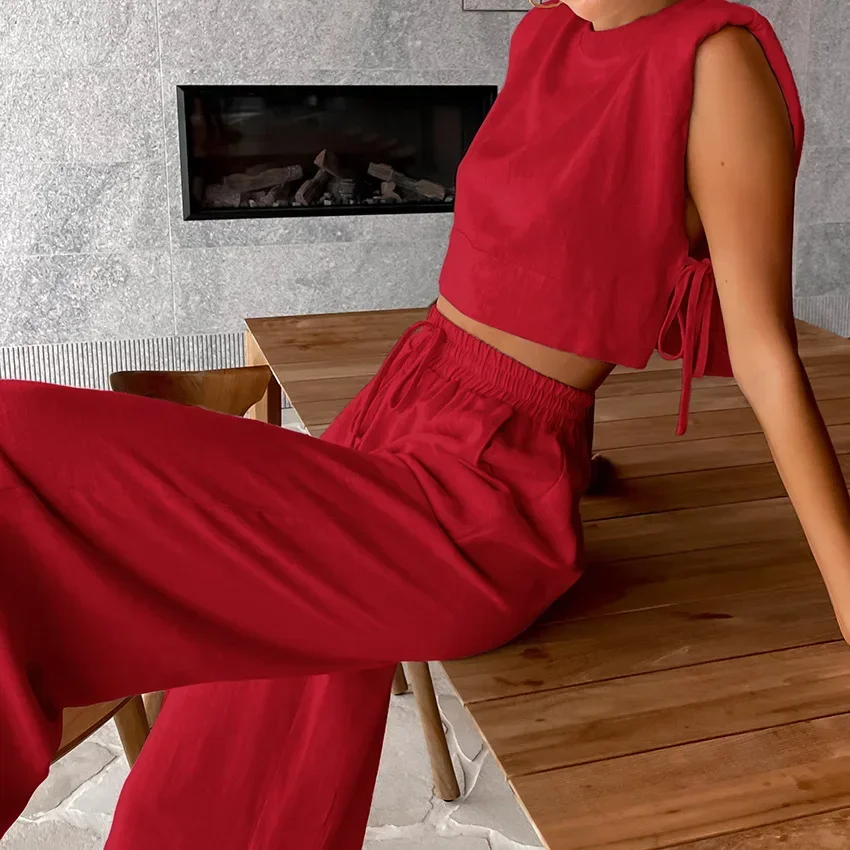 Solid Linen Lace Up Cut Out Top Pants Sets For Women O-neck Sleeveless Crop Tank Drawstring Trouser Suits Lady Y2k Beach Outfit