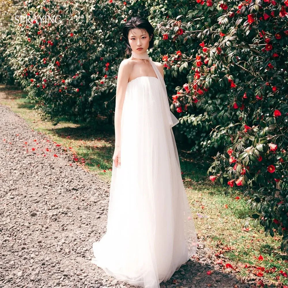 SPRAYING Ivory Tulle Wedding Dress Korea Photo Shoot Strapless Sleeveless Bridal Gowns A line Long Corset Customized 웨딩드레스
