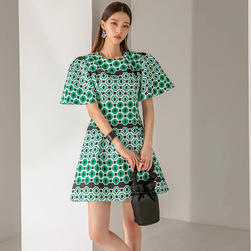 

Runway Fashion Summer Green Dot Printed Mini Dress Elegant Women Flare Sleeve O Neck Chiffon Office Ladies A Line Short Clothing