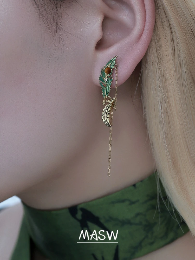 MASW Original Design Vintage Temperament Personality Asymmetrical Green feather earrings For Women Party Gifts Fashion Jewelry