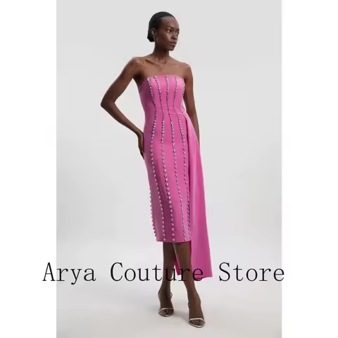 2026 Customized New Hot Pink Strapless Midi Dress Women Silver Beaded Draped Bodycon Party Dress Elegant Cocktail Evening Gown