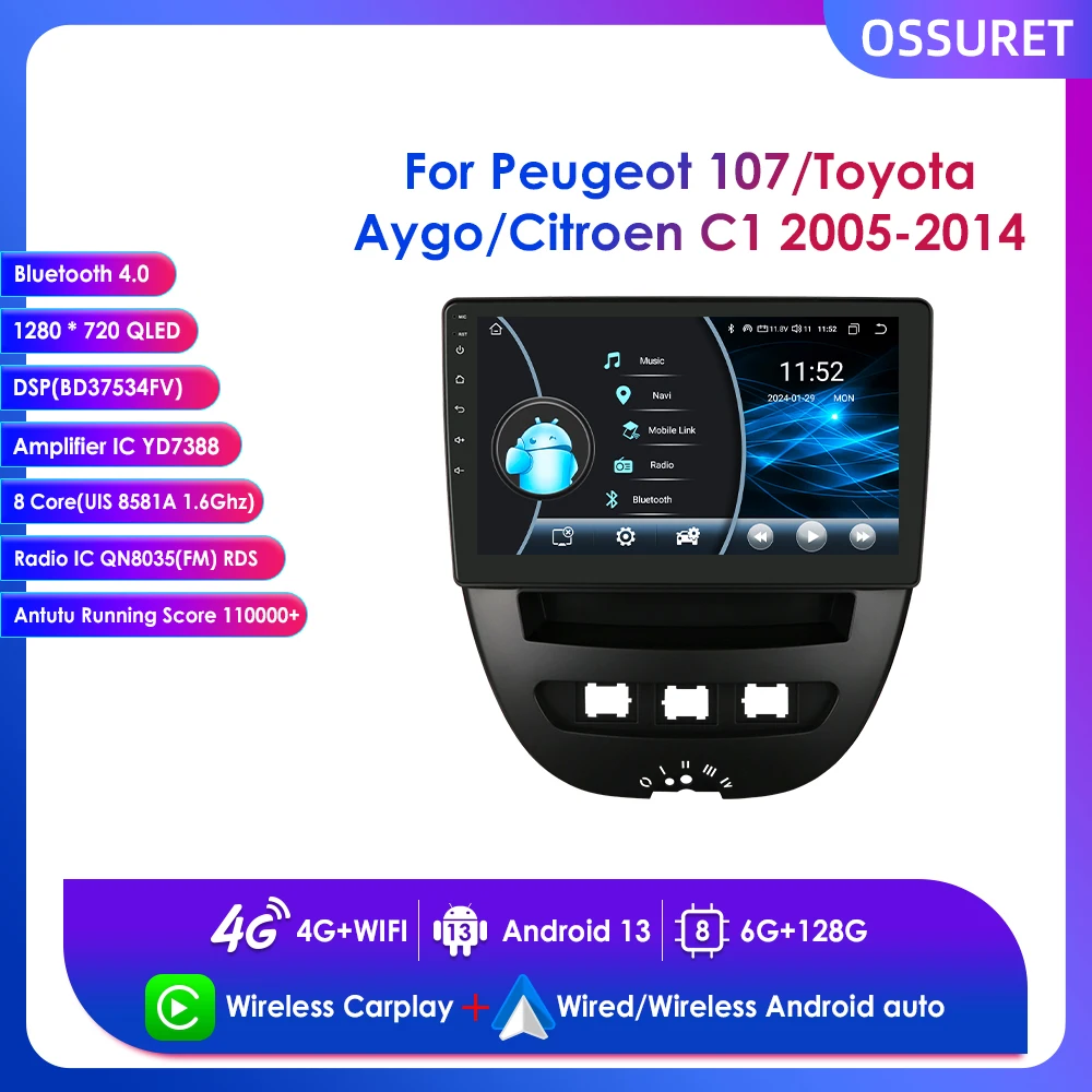 

Car Radio Multimedia Player for Peugeot 107 Toyota Aygo Citroen C1 2005-2014 Android 13 Wireless Carplay Navigation GPS 2din DSP