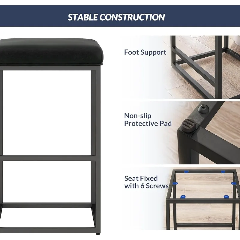 Bar Altura Bar Stools Conjunto de 4, banquetas sem encosto, couro PU, bancos de cozinha estofados modernos com base de metal, 30 in