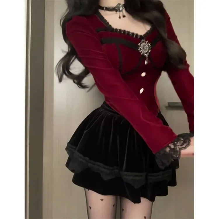 Christmas Red Velvet Long Sleeved Slim Fit Tops Women+ High Waist Ruched Black Skirts 2024 Early Autumn New Two Piece Sets