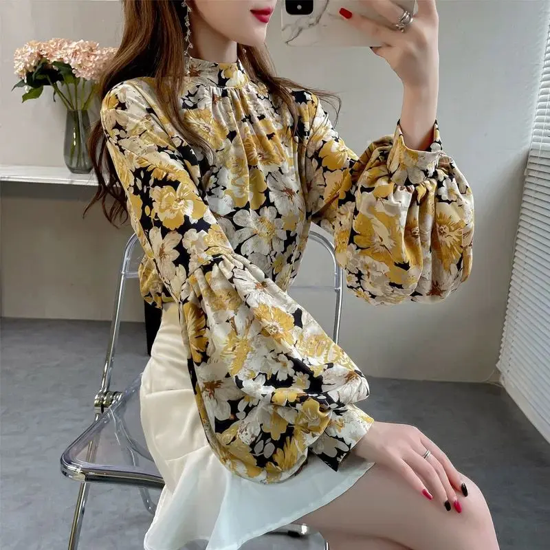 Korean All-match Women\'s Floral Printed Lantern Sleeve Blouse Spring Autumn Female Clothing Loose Fashion Stand Collar Shirt