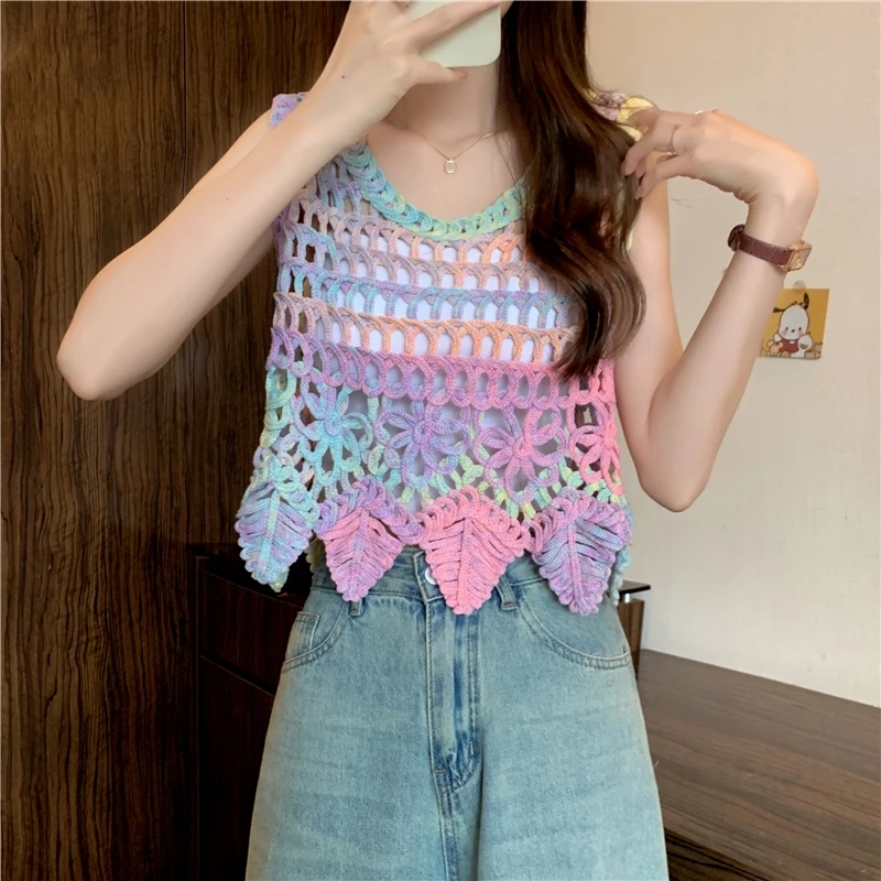 

Summer New plus Size Women's Knitted Dyeing Hollow out Hook Flower Vest Versatile Faionable Top ort Sve round Ne