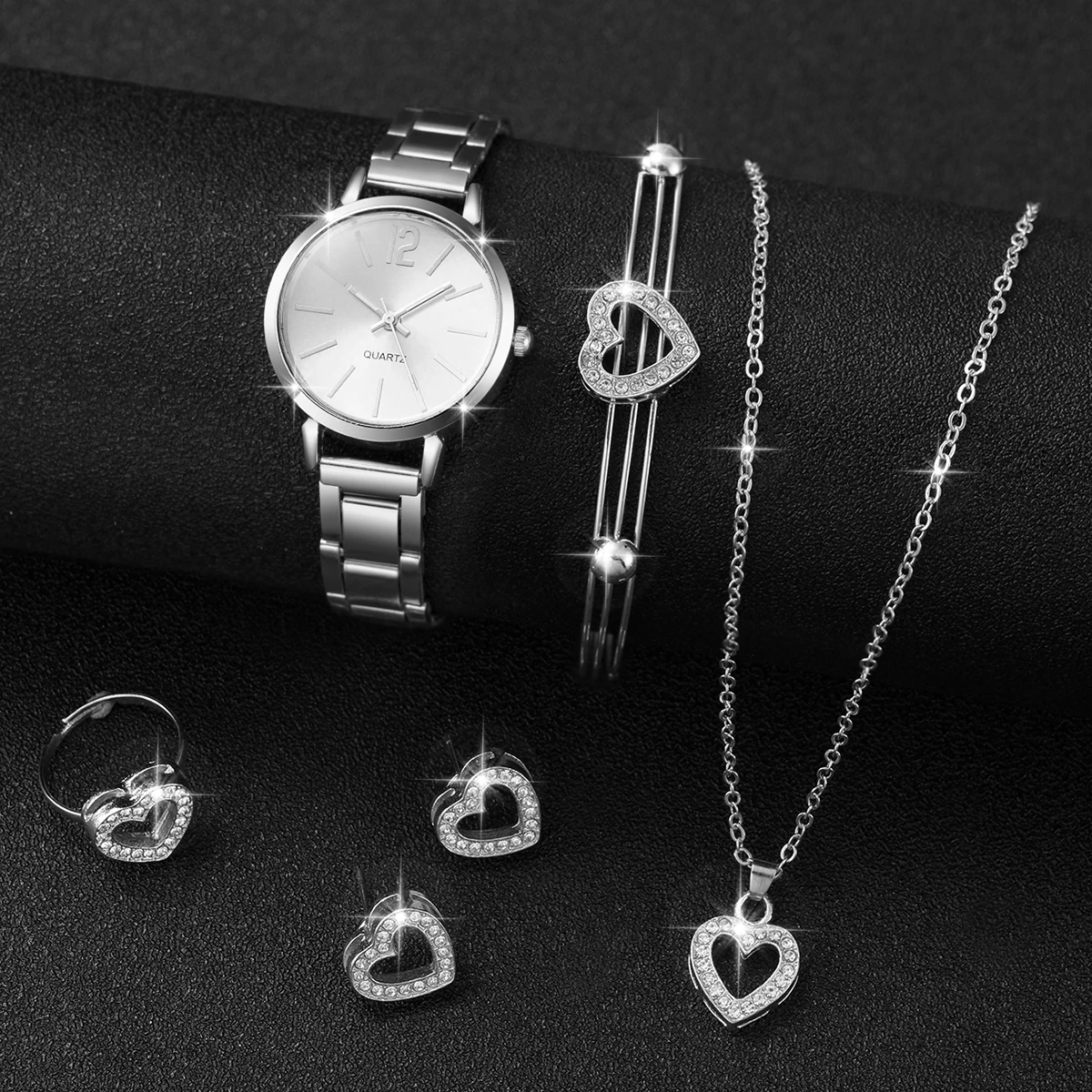 6PCS/Set Fashion Women\'s Watch Arabic Dial Silver Steel Band Quartz WatchHeart Jewelry Set（Without Box）