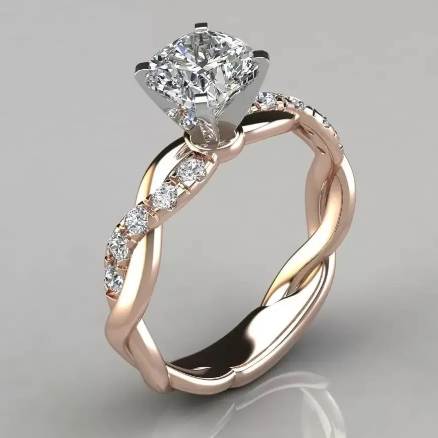 Nuevo modelo de anillo de diamante cuadrado de princesa de oro rosa de aleación chapada en oro de 18k, popular entre influenciadores, adecuado para el oeste
