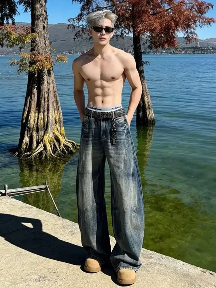 Retro American Bamboo Knot Patterned Jeans Men Women Autumn Design High Street Vibe Straight Leg Wide Leg Pants Casual Jeans