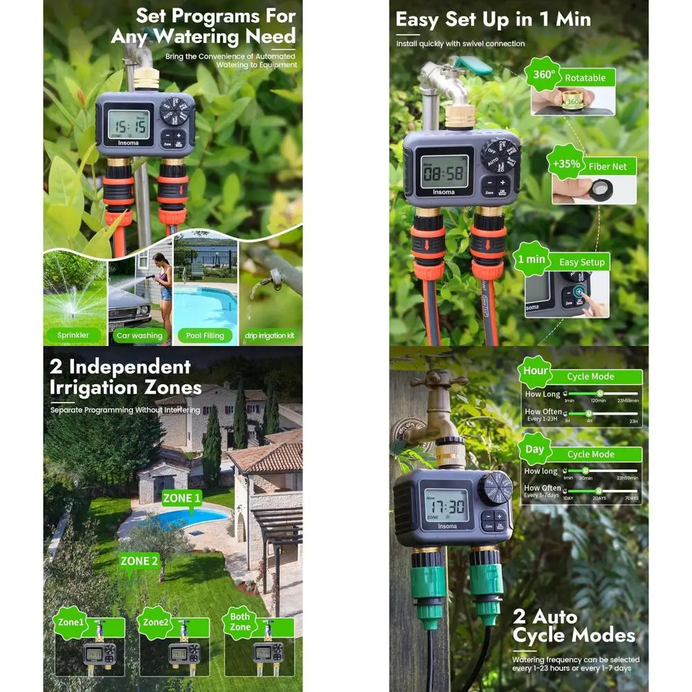 

2-Zone Brass Timer for Outdoor Hose Faucets - Programmable, Auto/Manual Modes, Rain Delay, Waterproof for Garden and Lawn Irriga