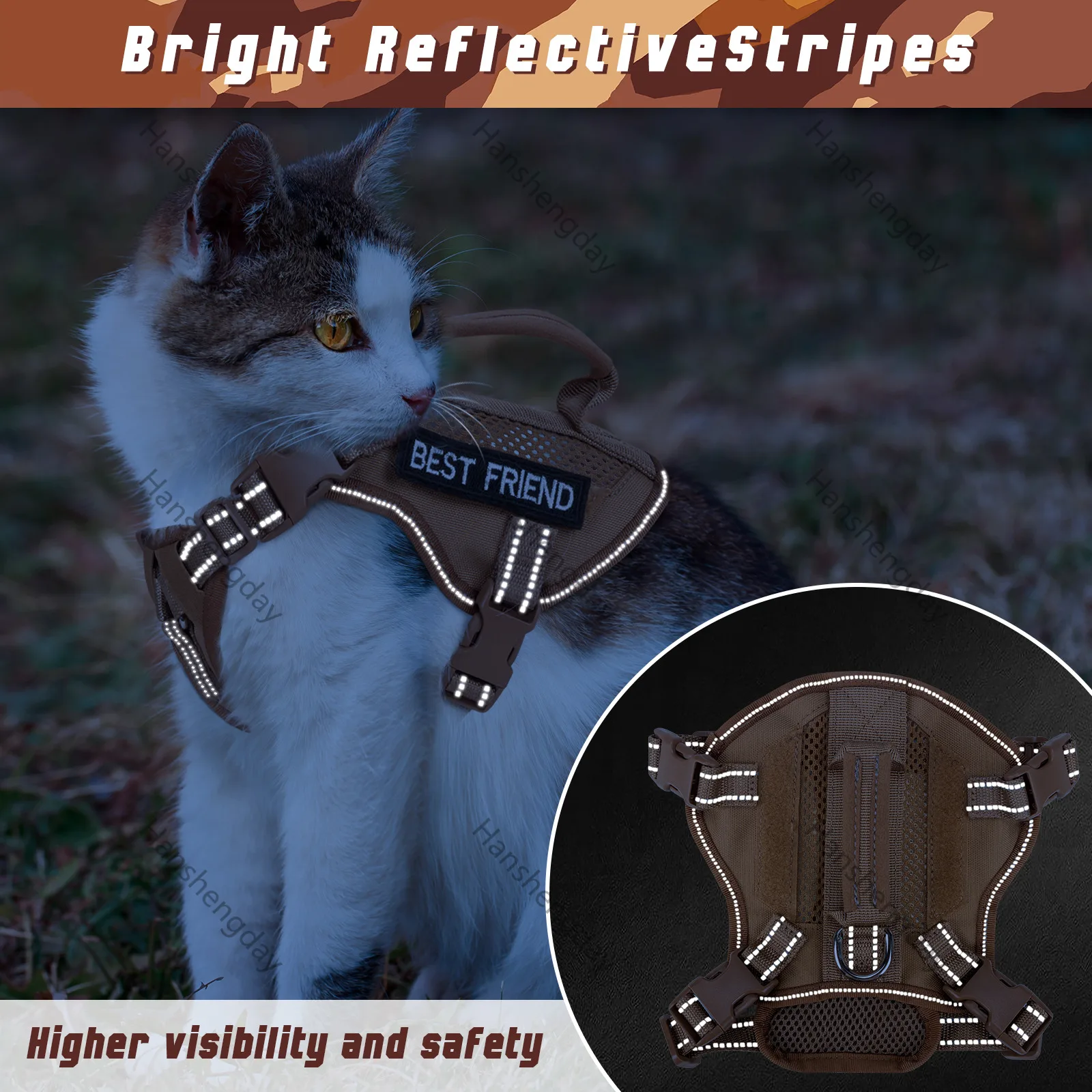 Tactical Cat Harness Leash Air Mesh Cat Walking Vest Harness Escape Proof Reflective adjustable Large Cat clothing with Handle