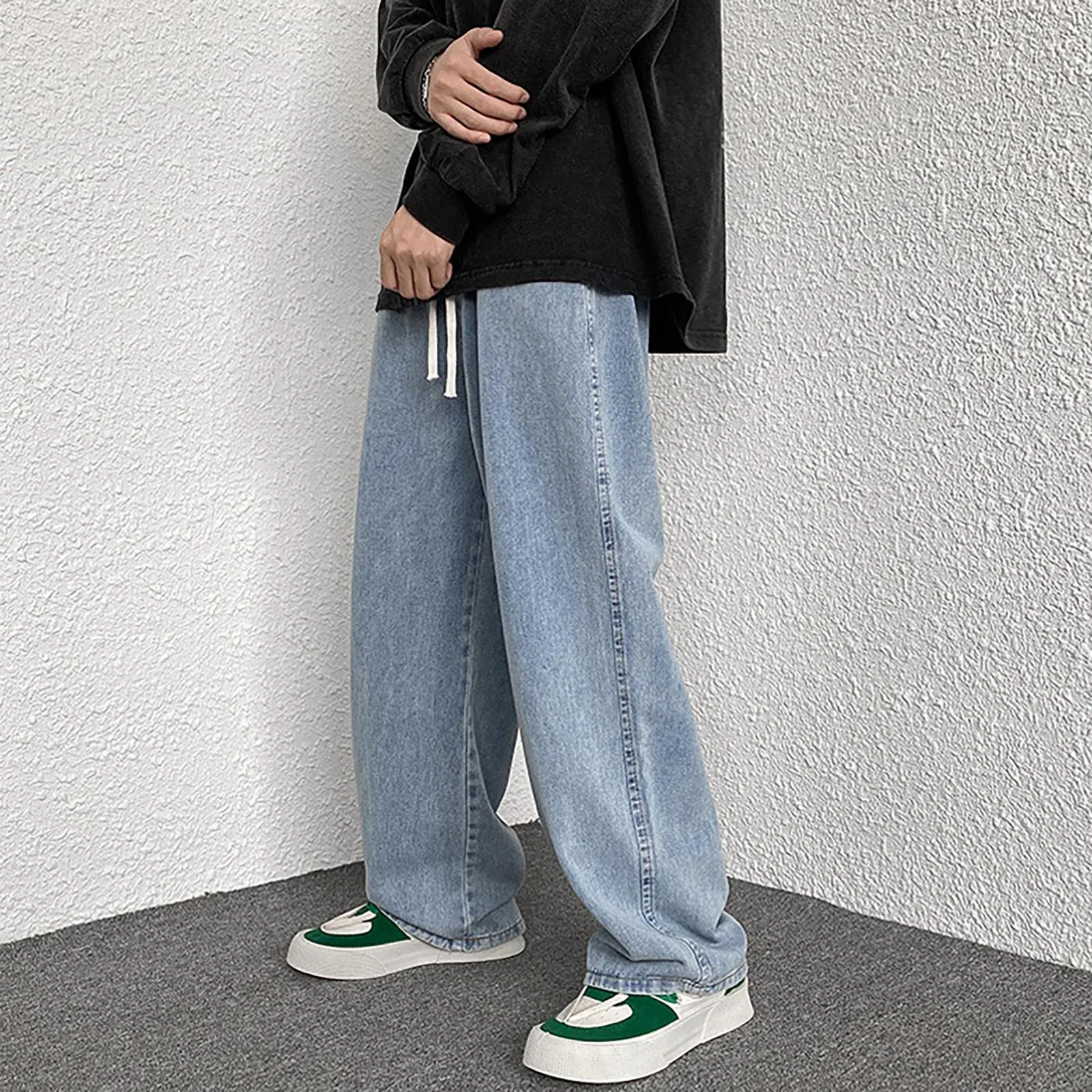 

Men Loose Straight Casual Long Denim Pants Spring Autumn High Street Floor-Length Wide Leg Trousers