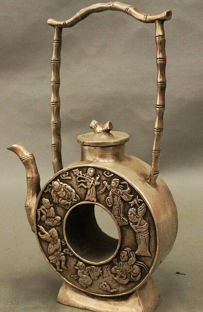 

decoration Tibet copper silver 8 China Classic Silver 8 Immortal God Bamboo Handle Wine Tea Pot Flagon Statue