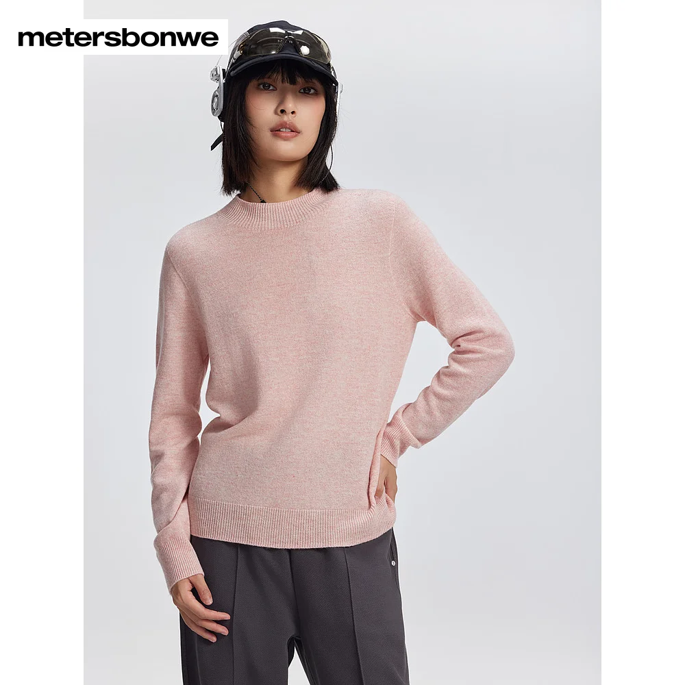 Metersbonwe-Suéter feminino 100% lã com gola redonda, pulôver macio de manga comprida, cor sólida, roupa quente para inverno