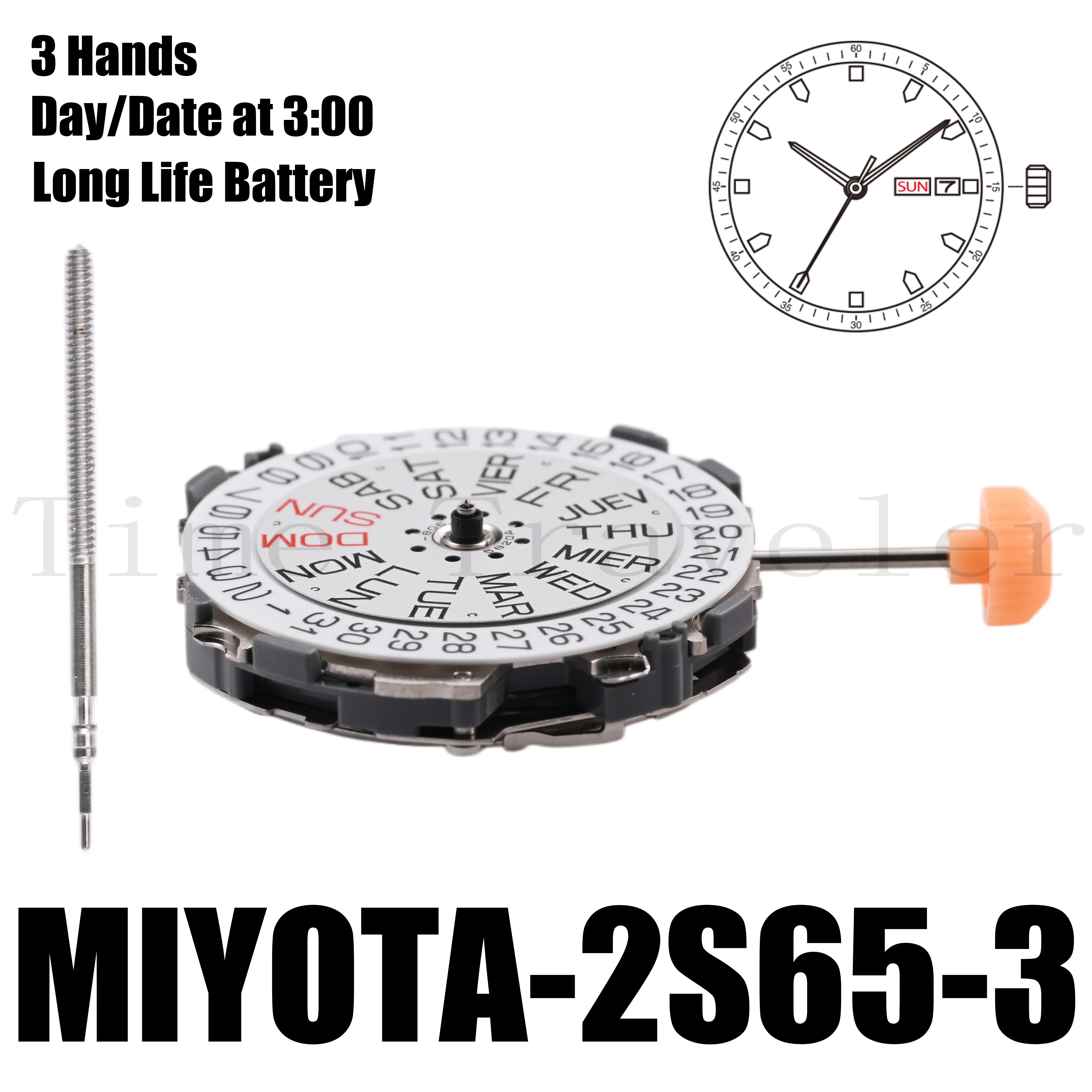 2s65 Movement Miyota 2S65 Movement Size 10 1/2’’’ Height 4.22mm Long Life Battery 3 Hands Date and Day at 3:00