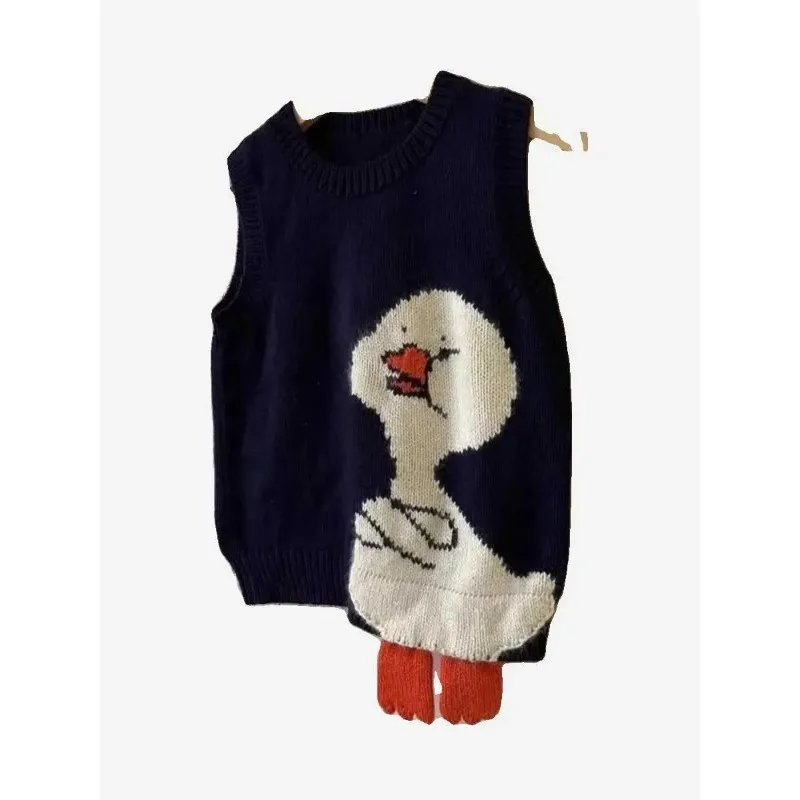 Korean Loose Lazy Style Cartoon Duck Vest Sweater Design Niche Retro Black Sweater for Women Autumn and Winter