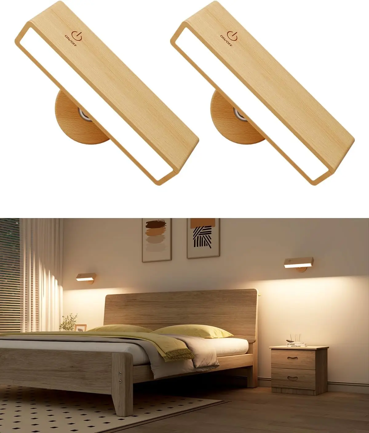 YiLaieLED Wall Sconces 2 Pack Solid Wood Wall Reading Light Type C Rechargeable Wall Mounted Bedside Lamp Mirror Lamp 360 Rotate