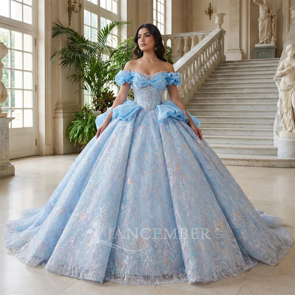 

Novelty Customized Shiny Quinceanera Dress Ball Gown Sequins Lace Beaded Cape Sweet Off the Shoulder 16 Vestido De 15 Anos