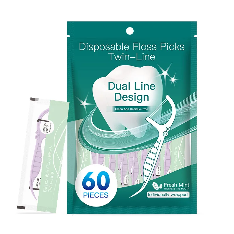 Ultra-Fine Disposable Dental Floss Picks, Toothpicks, and Dental Floss, Individually Packaged Family Set, 60 Pieces per Bag