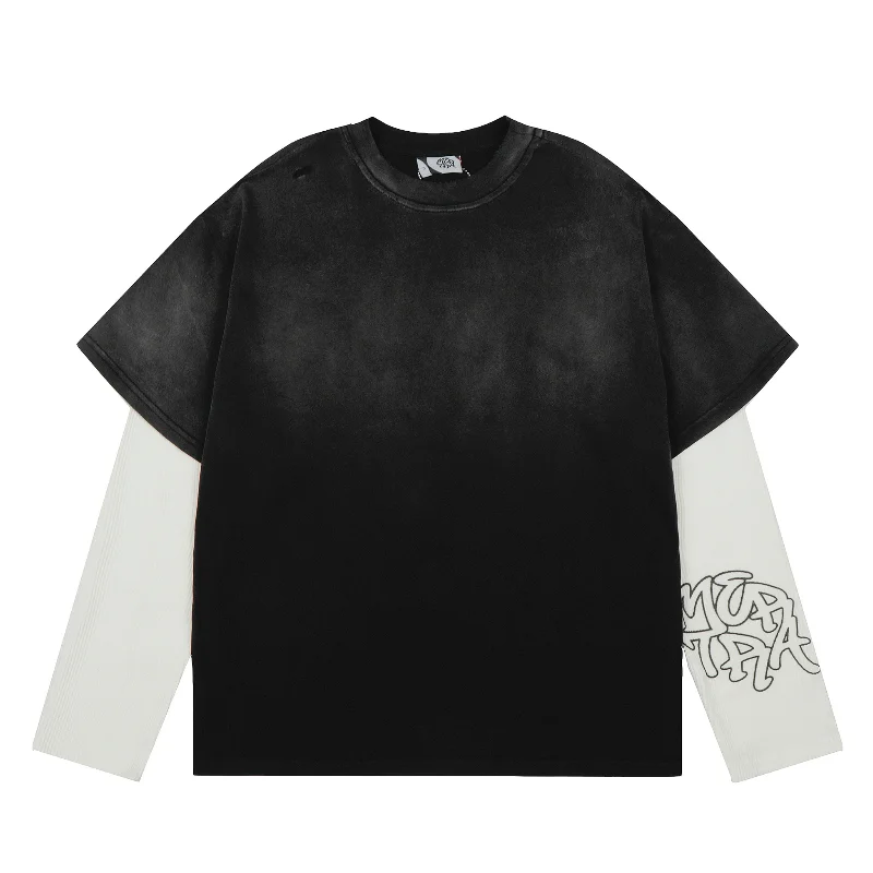 

Повседневная футболка унисекс с длинным рукавом, имитация двухслойности, в стиле пэчворк, свободного кроя, ретро, американский уличный стиль