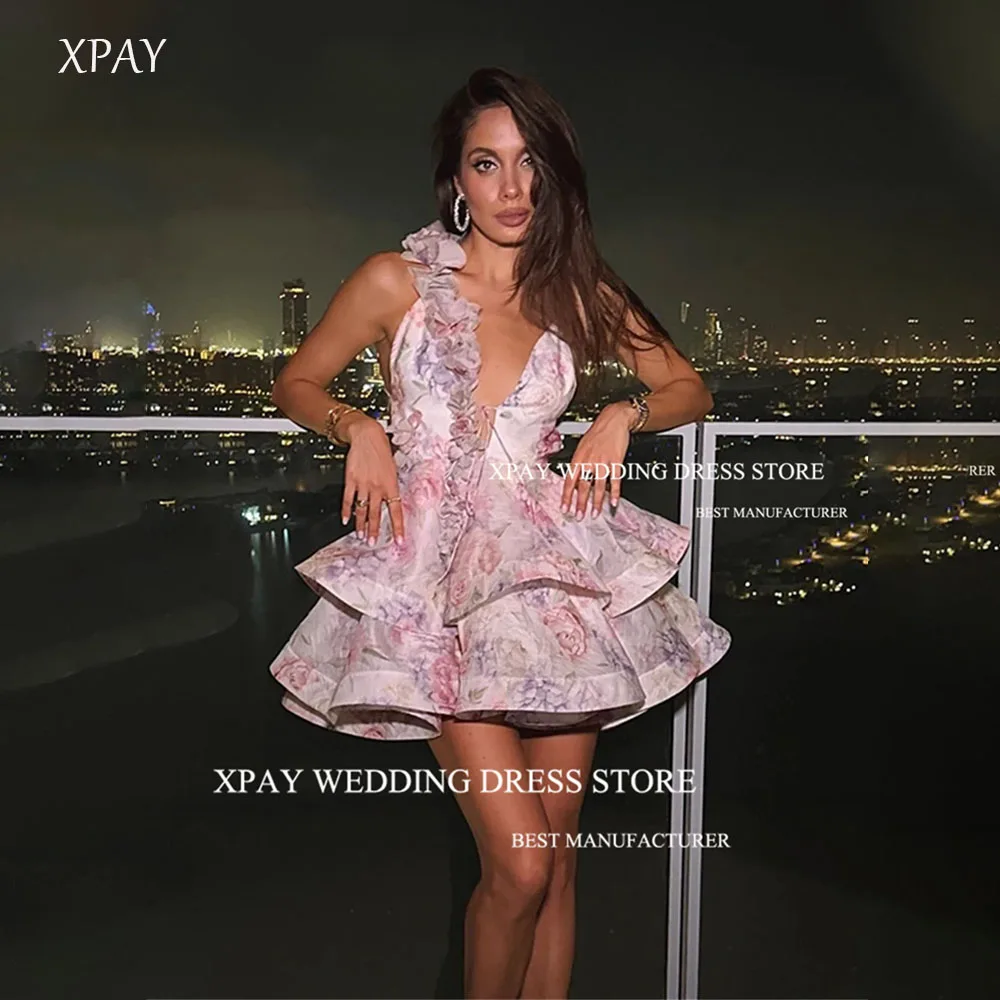 

XPAY Sexy V-Neck 3D Flowers Mini Short Prom Party Dresses Garden A-line Printed Formal Event Modern Dance Party Gowns Customized