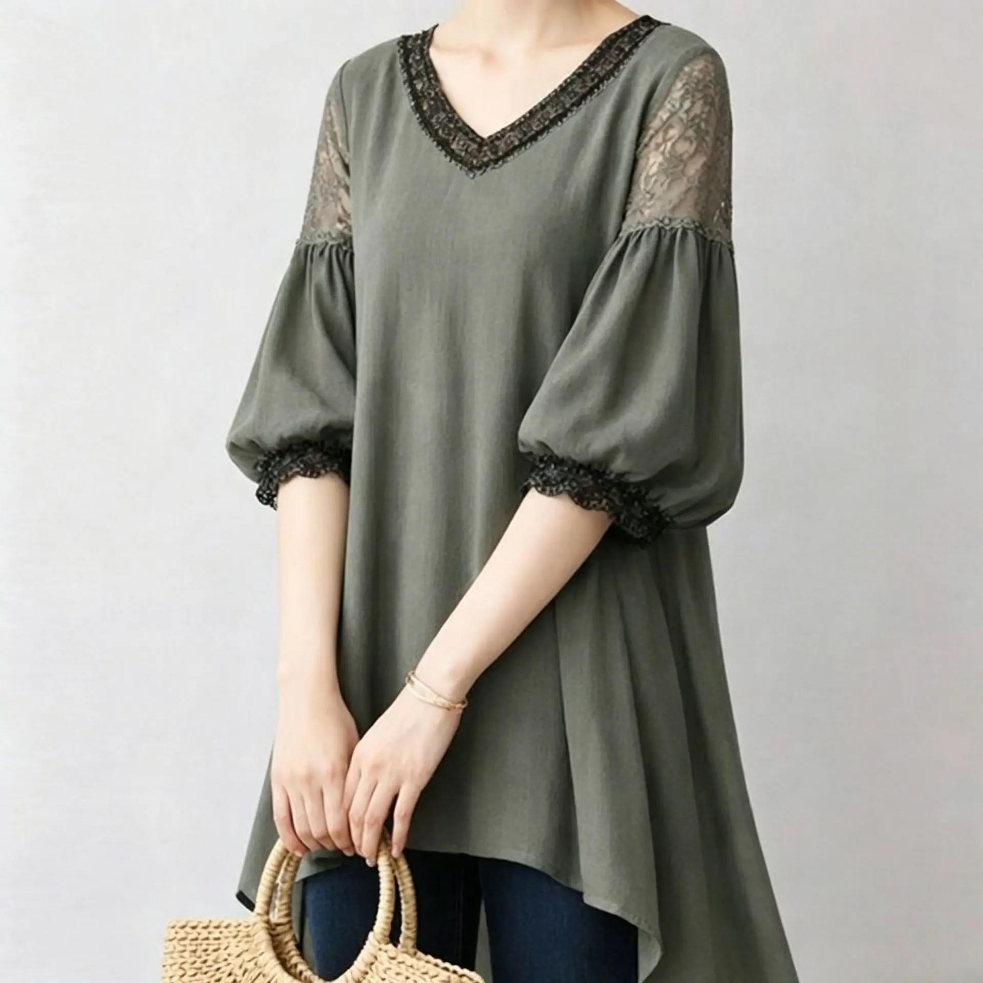 2026 Summary V-neck Lace Patchwork 7/8 Sleeve Contrast Color Slimming Chiffonshort Sleeve Blouse Summer Long Dress Outfits