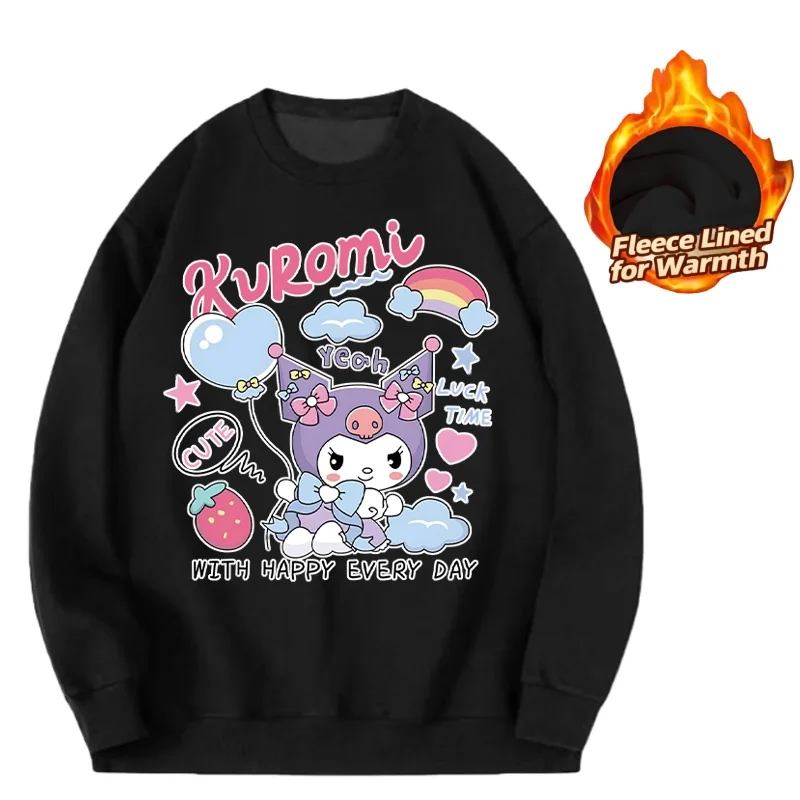 

Sanrio Series Printed Crew Neck Long-Sleeve Top, Cute and Warm Fleece-Lined Crew Neck Long-Sleeve T-Shirt, 100% Cotton