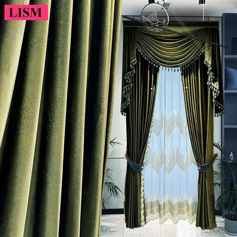 2024 New Dark Green Luxury Curtains for Bedroom Living Room Window Customized Carved Craft Velvet Cloth Decor Embroidered Tulle