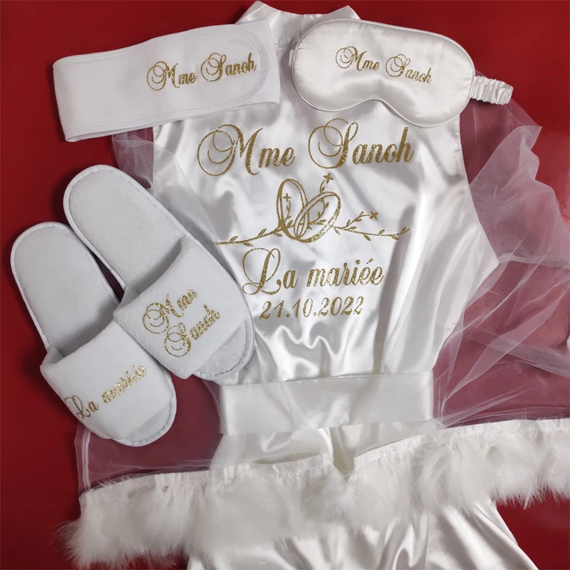 Conjunto de roupão de penas de casamento elegante personalizado, roupão de noiva, roupa de dormir, presentes de festa de aniversário